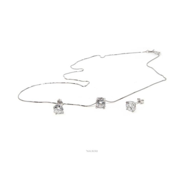 NLB|Set of women's 7 mm light point in 925 silver with zircon. Venetian chain pendant and matching earrings