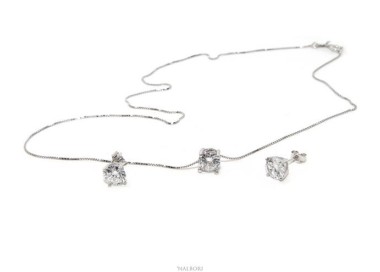 NLB|Set of women's 7 mm light point in 925 silver with zircon. Venetian chain pendant and matching earrings