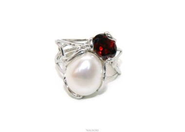 NLB|925 silver adjustable woman ring made with lost wax with baroque pearl and dark red garnet