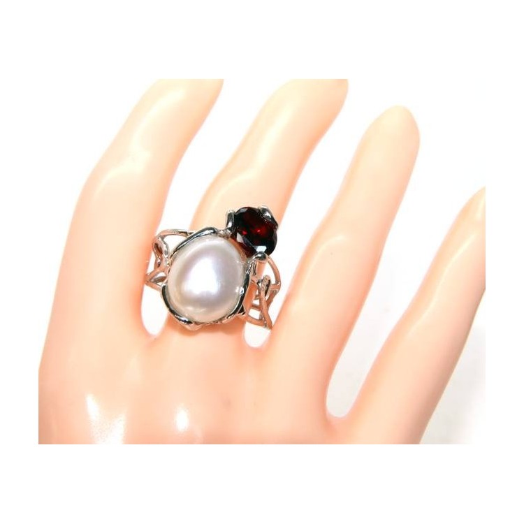 NLB|A007 Anello donna argento 925 regolabile realizzato a cera persa con perla barocca e granato rosso scuro  NALBORI