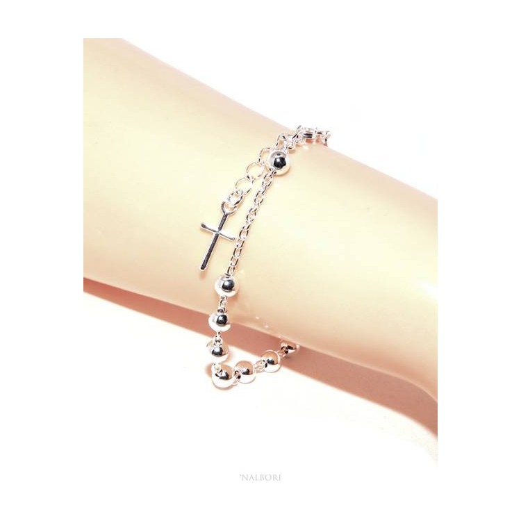 NLB|Bracciale rosario uomo donna in Argento 925 croce latina 17,50-20 cm palline da 5 mm chiaro NALBORI