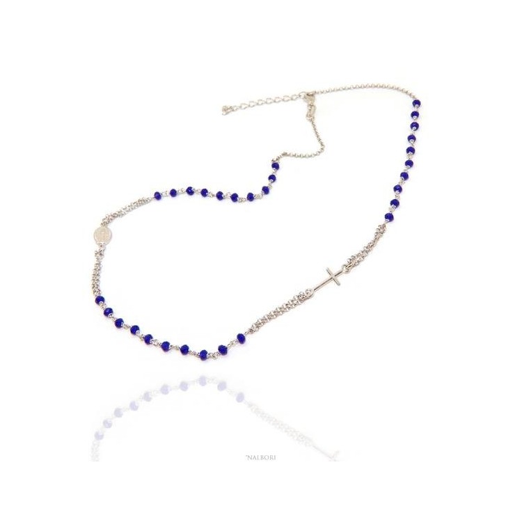 NLB|Rosary Necklace 925 Silver Man With blue crystal cross and madonna 45 + 5 cm
