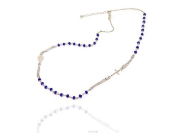 NLB|Rosary Necklace 925 Silver Man With blue crystal cross and madonna 45 + 5 cm