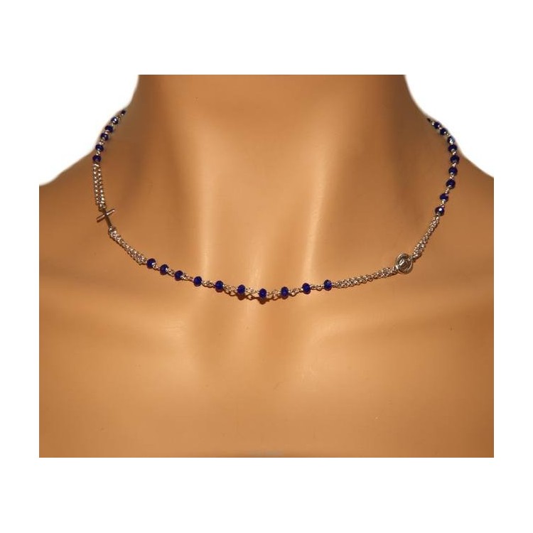 NLB|Rosary Necklace 925 Silver Man With blue crystal cross and madonna 45 + 5 cm