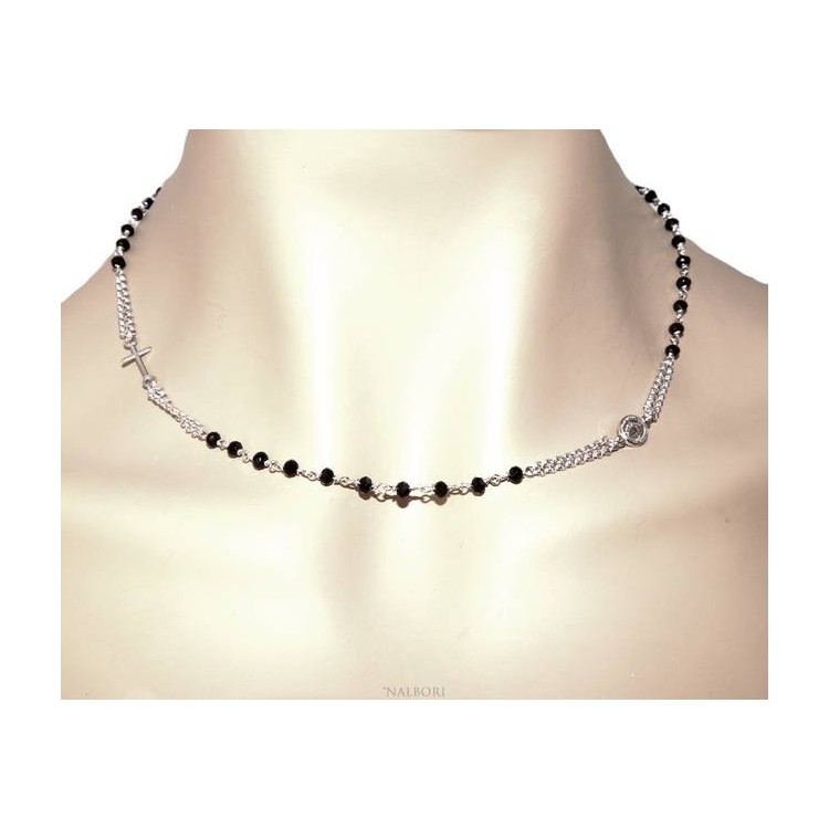 NLB|Collana Rosario uomo Argento 925 Con cristallo nero croce e madonna 45+5 cm