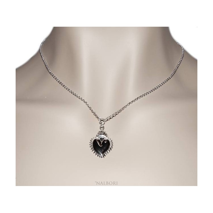 NALBORI collana argento 925 donna rolo' 45+5 con ciondolo sacro cuore fiamma ex voto bagno oro bianco