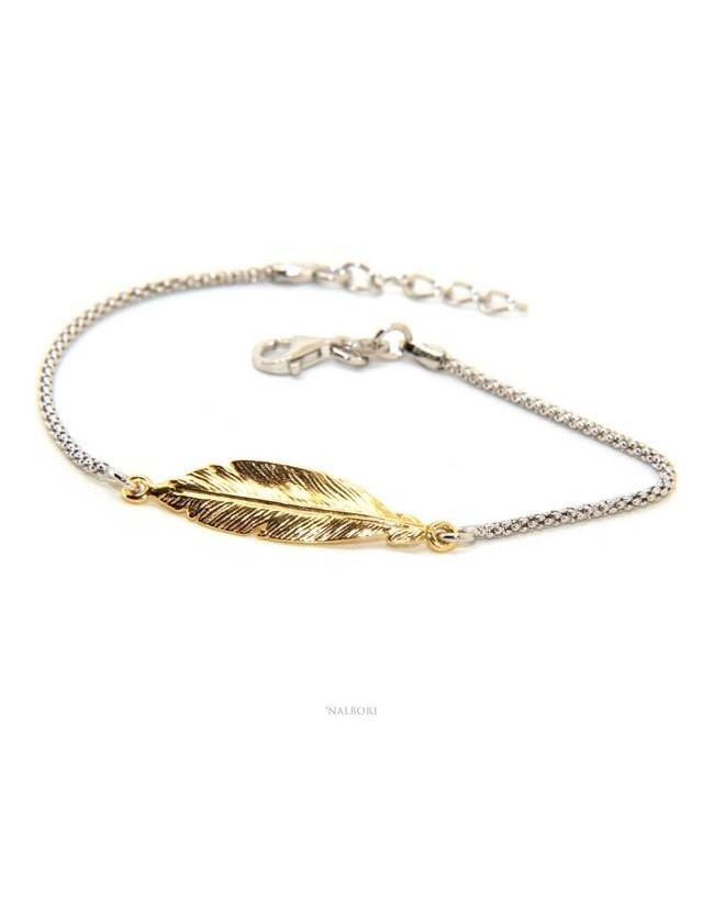 bracciale Argento 925 popcorn con centrale foglia oro giallo NALBORI 16/18,5 cm