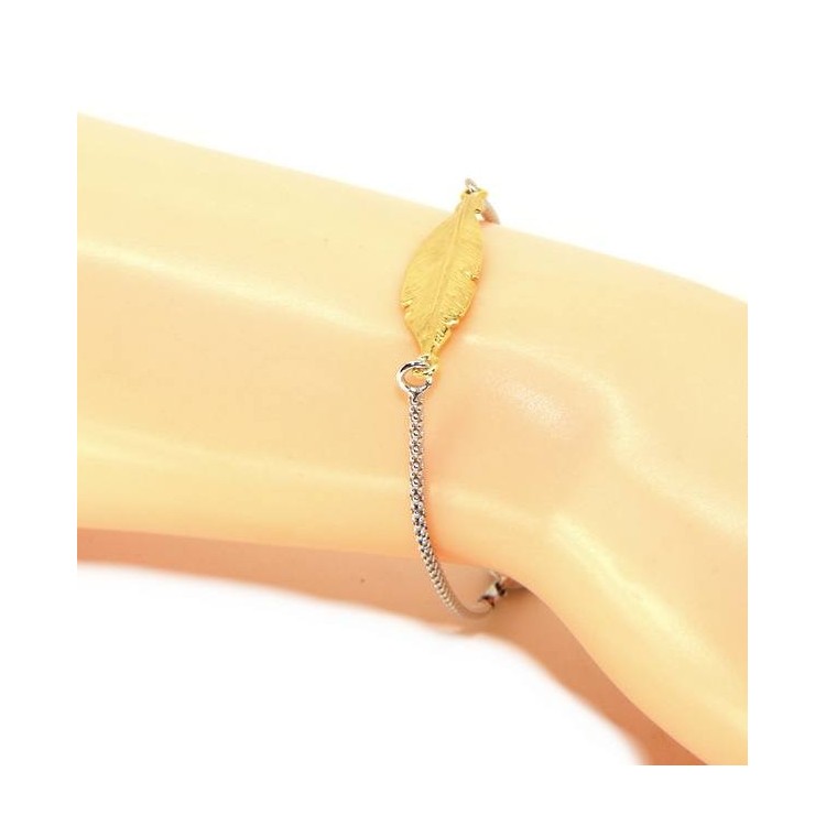 NLB|bracelet Silver 925 popcorn with central yellow gold leaf NALBORI 16 / 18,5 cm