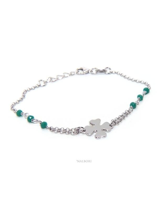 Bracciale donna Argento 925 lavorazione a rosario cristallo verde con quadrifoglio misura 15-18 cm