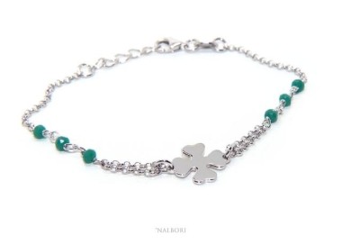 NLB|Bracciale donna Argento 925 lavorazione a rosario cristallo verde con quadrifoglio misura 15-18 cm