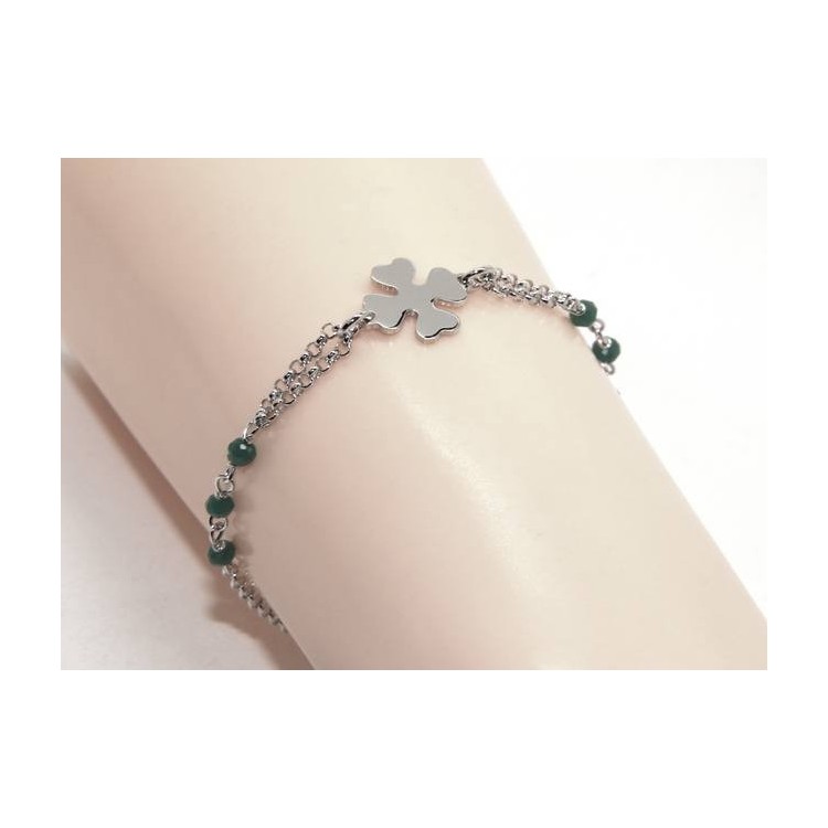 NALBORI Woman bracelet Silver 925 rosary working green crystal with four-leaf clover measuring 15-18 cm