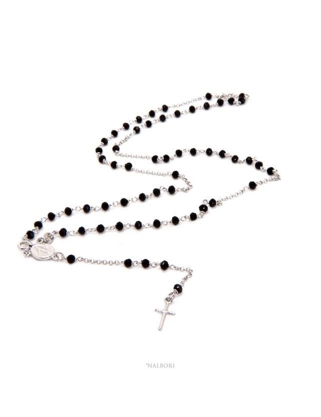 NALBORI Collana Rosario Argento 925 Con cristallo nero 3,5 mm croce madonna miracolosa 58 cm NALBORI Collana Rosario Argento 925 Con cristallo nero 3,5 mm croce madonna miracolosa 58 cm