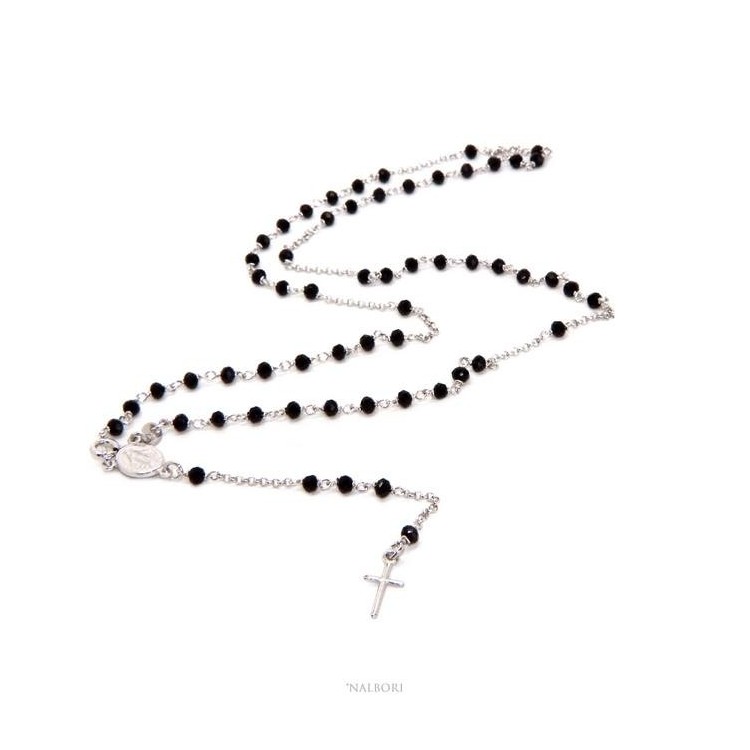 NALBORI Rosary Necklace 925 Silver With 3.5 mm Black Crystal Miraculous Madonna Cross 58 cm