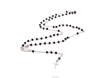 NALBORI Rosary Necklace 925 Silver With 3.5 mm Black Crystal Miraculous Madonna Cross 58 cm