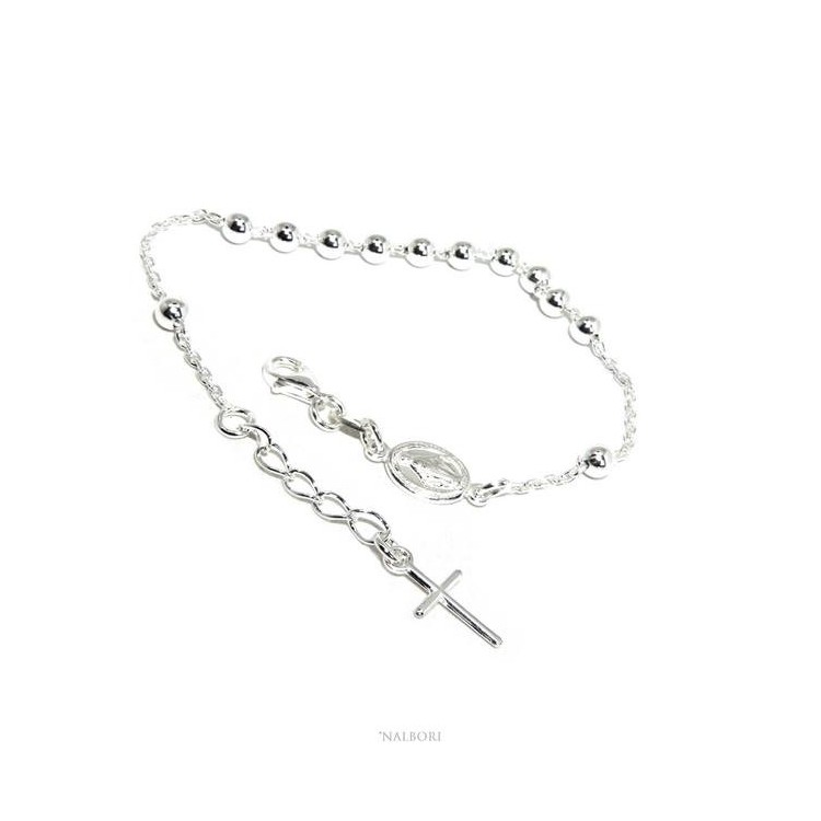 NLB|Rosary bracelet man woman in 925 Silver Latin cross 16-19 cm balls of 4 mm clear