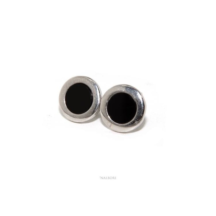 NALBORI earrings 925 sterling silver button 11mm men women onyx button wide rim