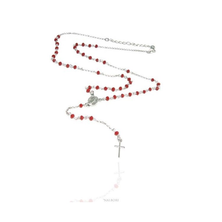 NLB|Collana Rosario uomo Argento 925 Con cristallo rosso 3,5mm croce e madonna 51+5