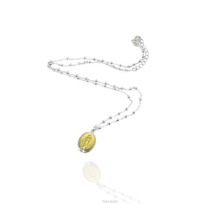 NLB|Collana Rosario uomo donna Argento 925 con medaglia smaltata madonna miracolosa giallino giallo oro