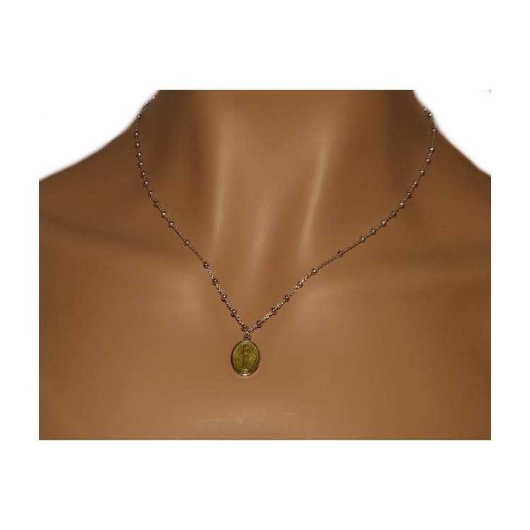 NLB|Collana Rosario uomo donna Argento 925 con medaglia smaltata madonna miracolosa giallino giallo ocra