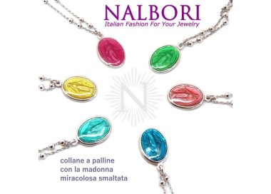 NLB|Collana Rosario uomo donna Argento 925 con medaglia smaltata madonna miracolosa colorata