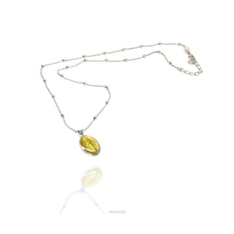 NLB|925 silver balls necklace with Miraculous Madonna enamelled medal