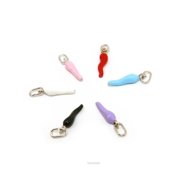 NLB|Amulets by NALBORI: 6 pendants 925 sterling silver horn small 14x4 mm enamelled