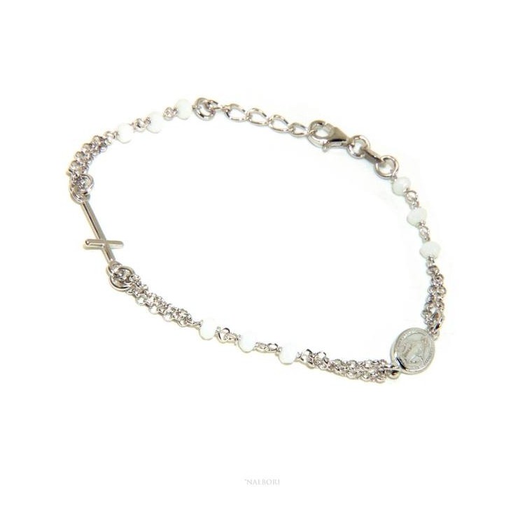 NLB|Rosary bracelet man woman Silver 925 miraculous madonna, small cross and white crystal. Mis. 16.50 - 19.00