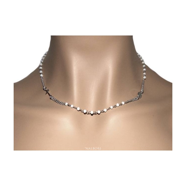 NLB|Rosary Necklace 925 Silver Man With white crystal cross and madonna 45 + 5 cm