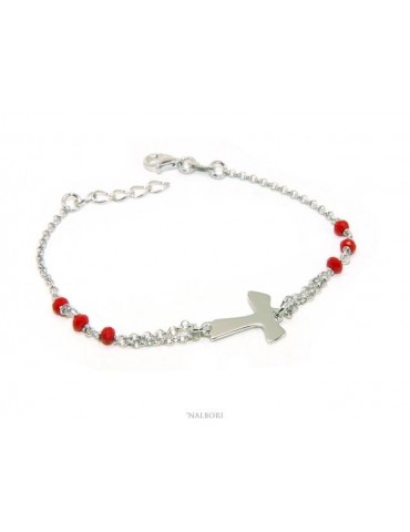 NALBORI Bracciale rosario Argento 925 con croce TAU e cristallo rosso 15 17.5 cm
