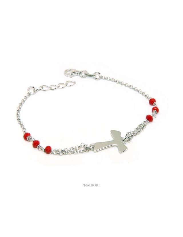 NALBORI Bracciale rosario Argento 925 con croce TAU e cristallo rosso 15 17.5 cm NALBORI Bracciale rosario Argento 925 con croce TAU e cristallo rosso 15 17.5 cm