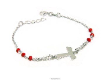 NALBORI Bracciale rosario Argento 925 con croce TAU e cristallo rosso 15 17.5 cm