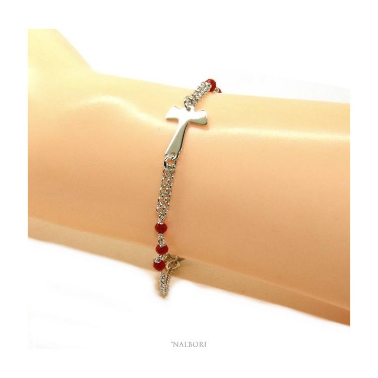 NALBORI Bracciale rosario Argento 925 con croce TAU e cristallo rosso 15 17.5 cm