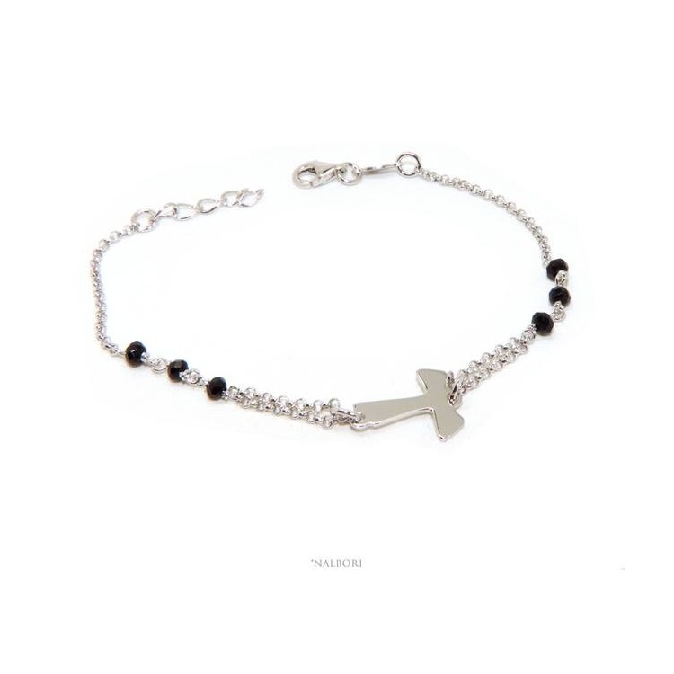 NALBORI Rosary bracelet Silver 925 with TAU cross and red crystal 15 17.5 cm