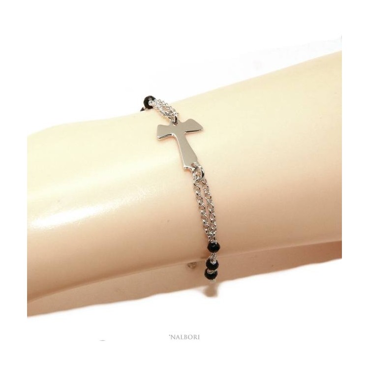 NALBORI Bracciale rosario Argento 925 con croce TAU e cristallo nero 17,5-20 cm