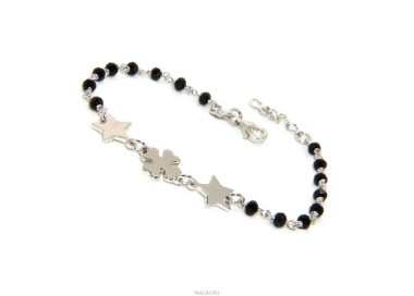 NALBORI Bracciale donna Argento 925 marsigliese nero quadrifoglio e stelle 16-19 cm fortuna