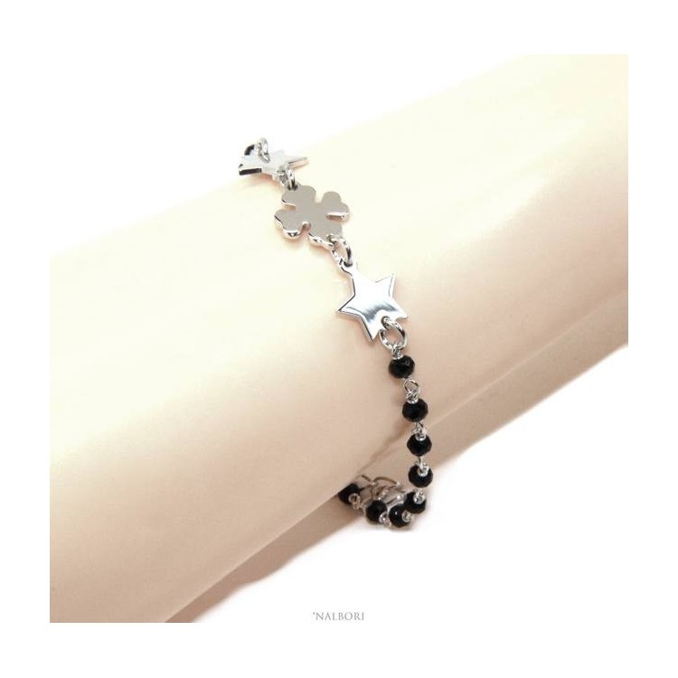 NALBORI Woman bracelet Silver 925 Marseillaise black four-leaf clover and stars success luck