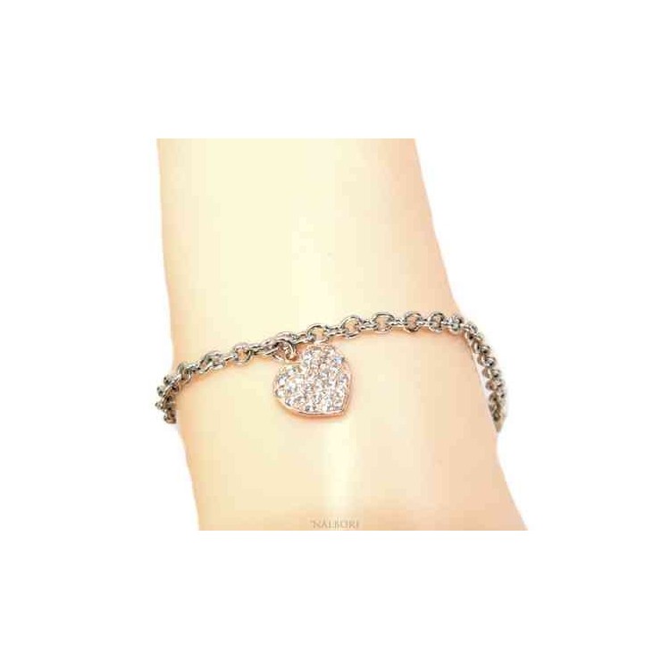 NLB|Bracciale Argento 925 ciondolo cuore e zirconi bagno oro rosa donna ragazza