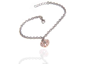 NLB|Bracciale Argento 925 ciondolo cuore lucchetto chiave e zirconi bagno oro rosa