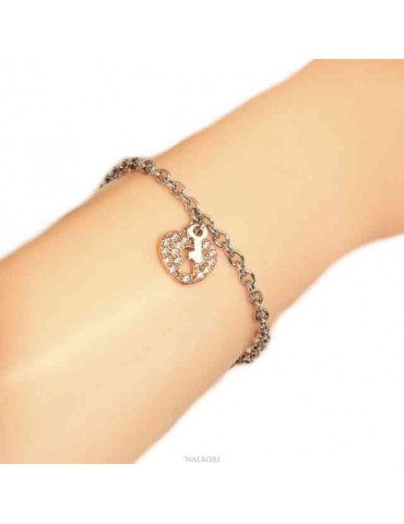NALBORI Bracciale Argento 925 donna ragazza ciondolo cuore lucchetto e chiave zirconi in oro rosa