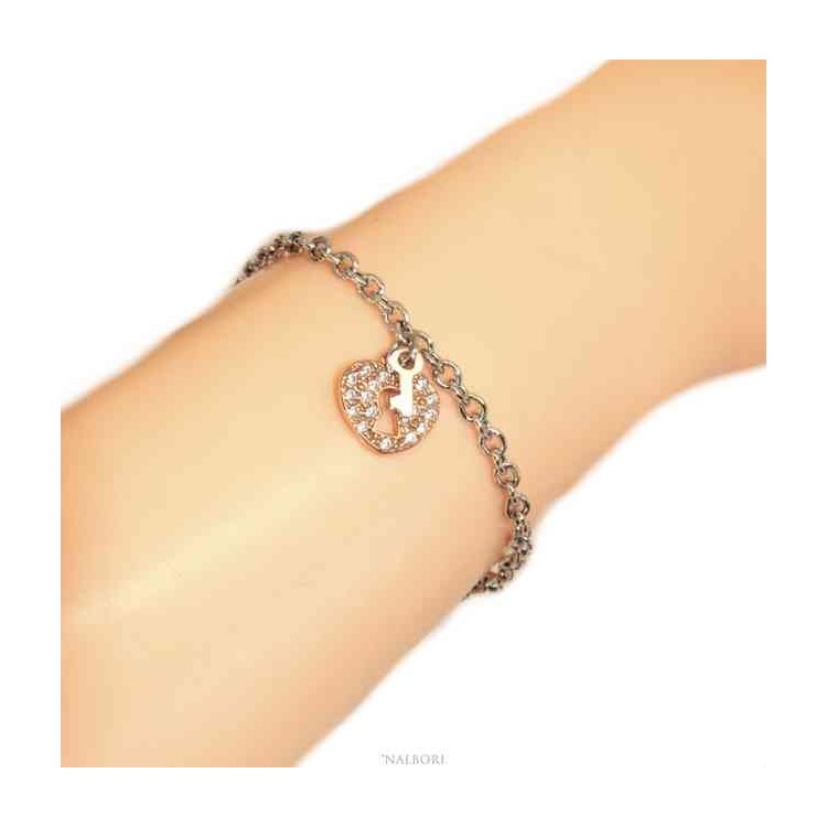 NALBORI Bracelet Silver 925 woman girl heart pendant lock and zircons key in rose gold