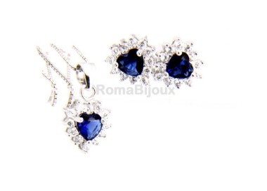 NLB|Parure argento 925 collana ciondolo orecchini donna heart zirconi a cuore zaffiro blu