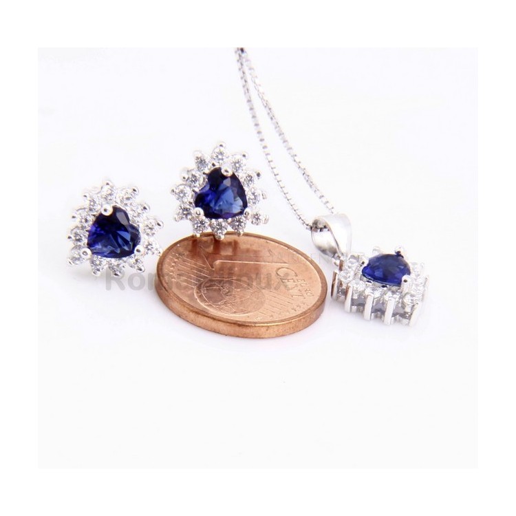 NLB|Parure argento 925 collana ciondolo orecchini donna heart zirconi a cuore zaffiro blu