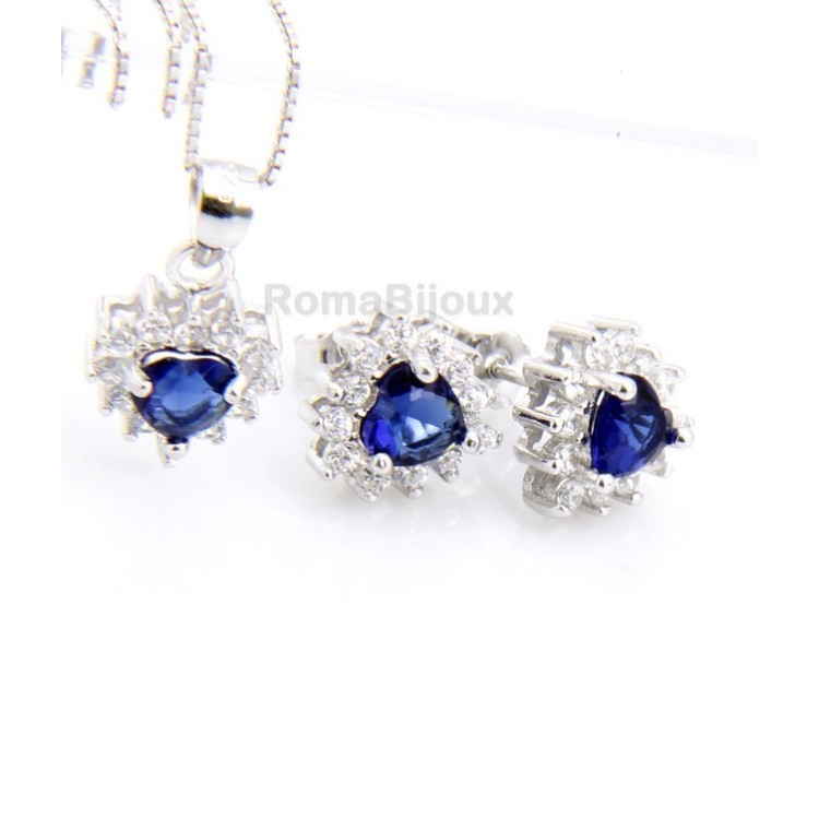 NLB|Parure argento 925 collana ciondolo orecchini donna heart zirconi a cuore zaffiro blu