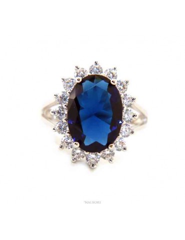 NALBORI per Lei, anello argento 925 da donna con brillante ovale blu zaffiro e giro di pietre