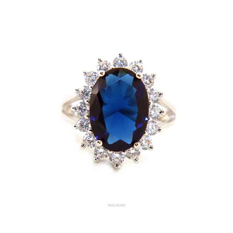 NALBORI for her, women's 925 silver ring with brilliant sapphire blue oval and round of stones