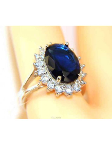 NALBORI per Lei, anello argento 925 da donna con brillante ovale blu zaffiro e giro di pietre