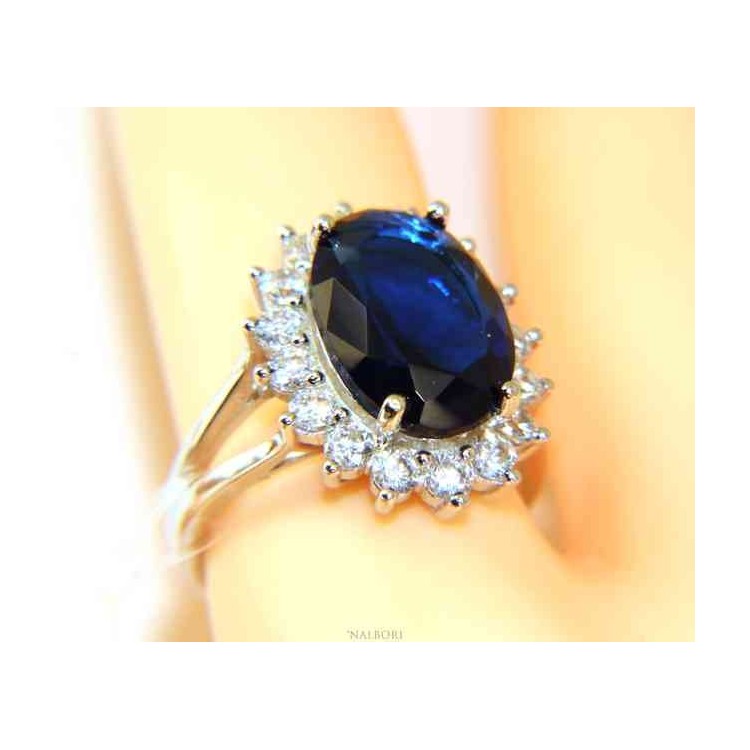 NALBORI for her, women's 925 silver ring with brilliant sapphire blue oval and round of stones