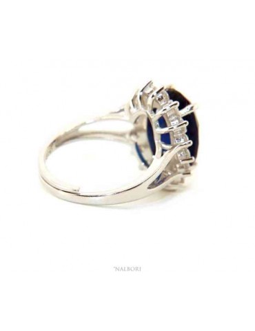 NALBORI per Lei, anello argento 925 da donna con brillante ovale blu zaffiro e giro di pietre