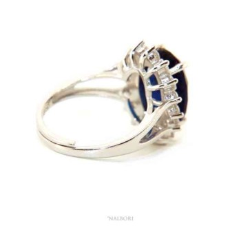 NALBORI for her, women's 925 silver ring with brilliant sapphire blue oval and round of stones