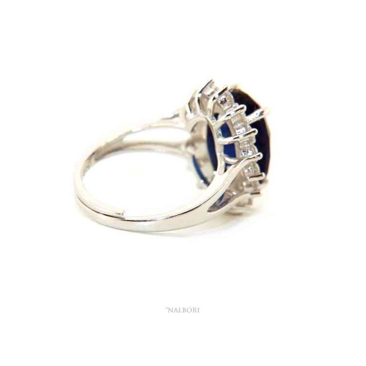 NALBORI for her, women's 925 silver ring with brilliant sapphire blue oval and round of stones